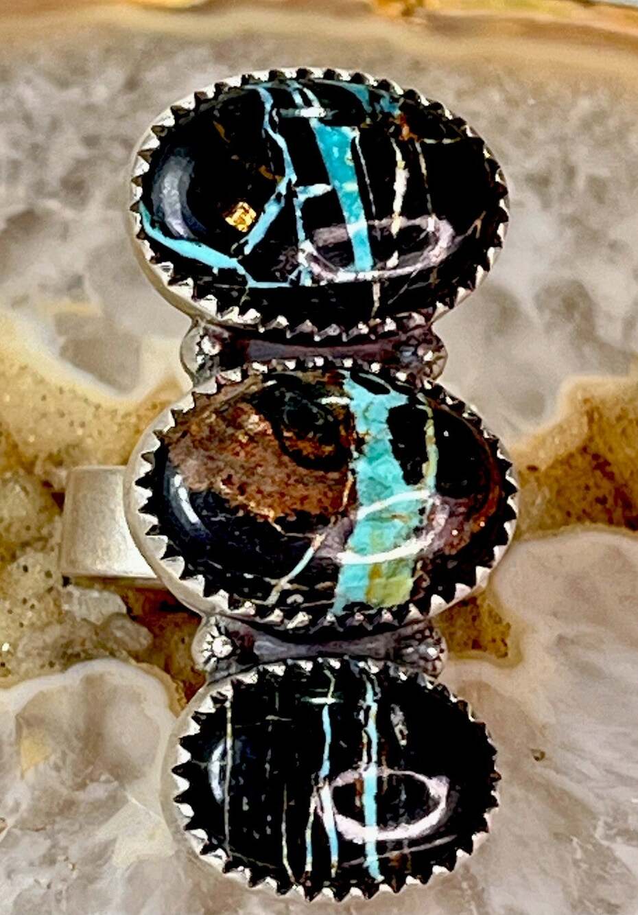 Blackjack Turquoise Triple Stone 925 Sterling Silver Cluster Ring Adj Sz 6-8
